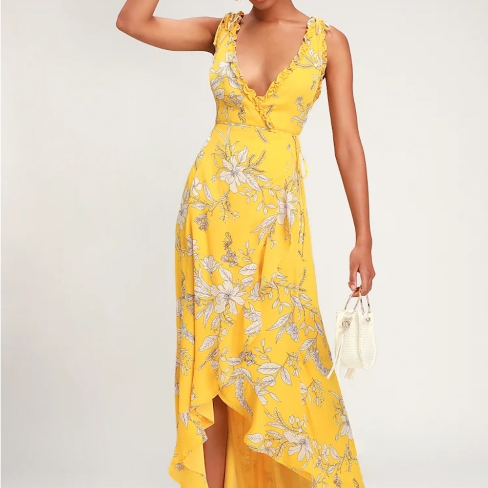 Lulu's Yellow Floral High-Low Wrap Dress